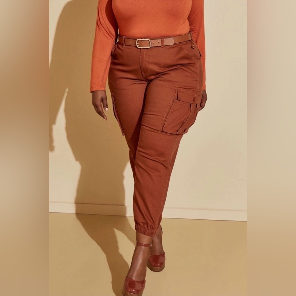 NWT Ashley Stewart High Rise Twill Brown Joggers Size 28